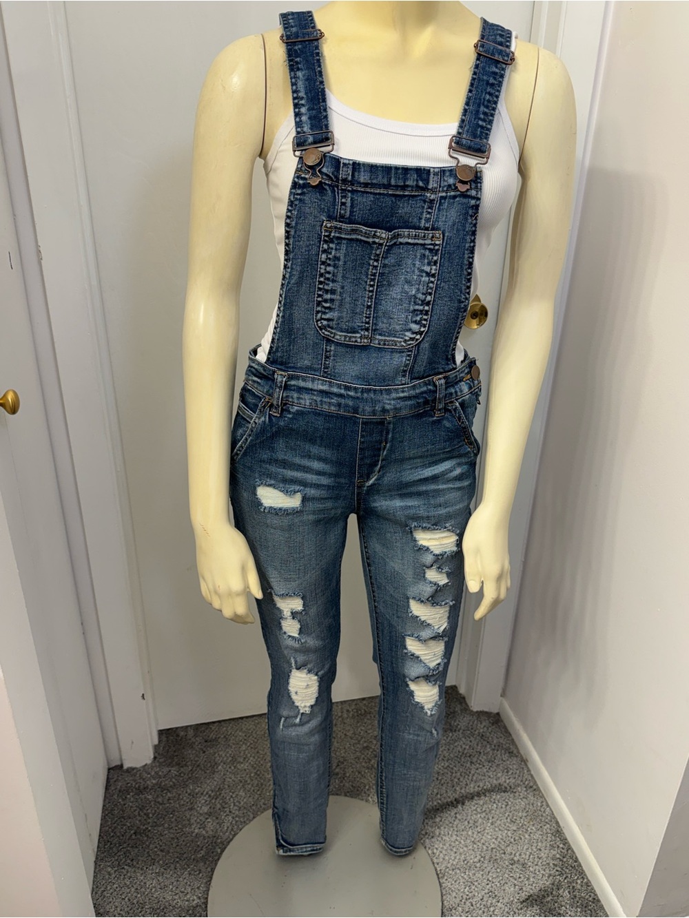 Dollhouse Distressed Blue Denim Overalls